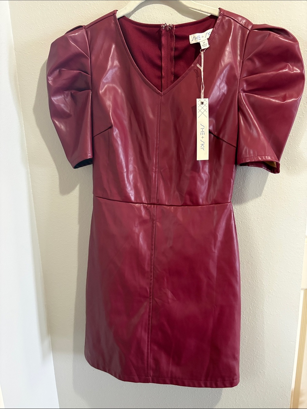 She + Sky Faux Leather Puff Sleeve Mini Dress in Wine (medium)